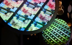 An image of an electronic wafer is displayed at the TSMC Museum of Innovation in Hsinchu 