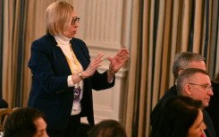 Maine Governor Janet Mills speaks during a gathering of governors at the White House with President Donald Trump