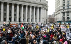 Protesters rally outside the New York courthouse where a preliminary hearing over Mahmoud Khalil's deportation was held
