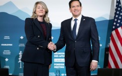 Canadian Foreign Minister Melanie Joly and US Secretary of State Marco Rubio shake hands ahead of a G7 meeting of foreign ministers in Quebec