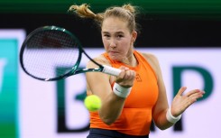 Mirra Andreeva plays a forehand in her third-round victory over Clara Tauson at Indian Wells