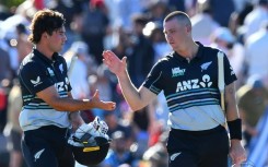 New Zealand's Finn Allen (right) and Tim Robinson celebrate the win against Pakistan