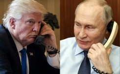 (COMBO) This combination of pictures created on March 18, 2025 shows President Donald Trump (L) on the phone on January 28, 2017 in Washington, and Russia's President Vladimir Putin (R) on the phone Moscow on December 27, 2023.
 The Kremlin said a highly-anticipated phone call between Vladimir Putin and Donald Trump will take place between 1300 GMT and 1500 GMT on March 18, 2025 and that the pair will discuss Ukraine and the "normalisation" of US-Russian ties.