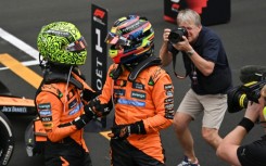 Oscar Piastri (right) and Lando Norris celebrate the McLaren one-two in China