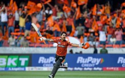 Sunrisers Hyderabad's Ishan Kishan celebrates after scoring a century during his side's defeat of Rajasthan Royals in the IPL