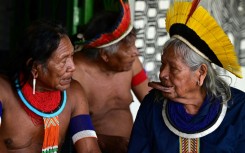 Raoni Metuktire with chief Abel Oroti (L) at the Raoni Institute in Peixoto de Azevedo
