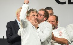 Chef Jerome Banctel celebrates earning three stars for his restaurant Le Gabriel in Paris last year