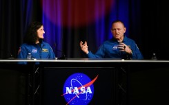 American astronauts Suni Williams and Butch Wilmore address a press conference at Johnson Space Center in Houston, Texas