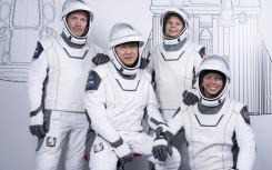 This picture courtesy of Fram2/SpaceX shows from left to right, mission specialist and medical officer Eric Philips, mission commander Chun Wang, pilot Rabea Rogge and vehicle commander Jannicke Mikkelsen