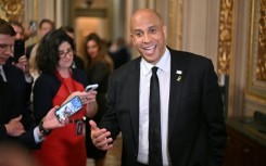 Cory Booker spoke to journalists after finishing his Senate floor endurance feat