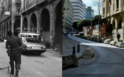 A combination of pictures shows Palestinian fighters (L) walking past the Maarad arcades towards a car parked on the deserted street in downtown Beirut on July 21, 1982 and pedestrians (R) walking in the same area on April 10, 2025