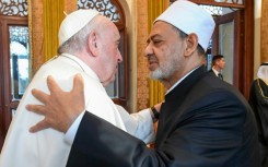 Pope Francis embraces Sheikh Ahmed Al-Tayeb during a 2022 meeting in Bahrain