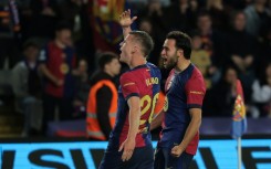 Barcelona's Spanish playmaker Dani Olmo celebrates scoring his team's opener against Mallorca