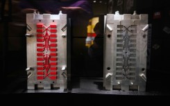 Moulded Lego bricks on display at the Lego Museum in Billund, Denmark