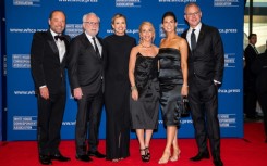 (L/R) CNN reporters Phil Rucker, Wolf Blitzer, Pamela Brown, Dana Bash, Kaitlan Collins and Jeff Zeleny attend the White House Correspondents' Association Dinner at the Washington Hilton in Washington, DC, on April 26, 2025