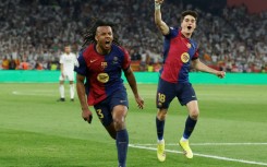 Barcelona's French defender Jules Kounde celebrates scoring his team's Copa del Rey final winner