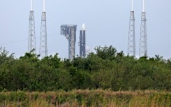 An Atlas V rocket of United Launch Alliance (ULA) is seen fueling at Space Launch Complex 41 at the Kennedy Space Center in Cape Canaveral, Florida, at dusk on April 9, 2025