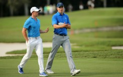 American Jordan Spieth, right, seeks a PGA Championship victory to complete a career Grand Slam and takes inspiration from Northern Ireland's Rory McIlroy, left, winning the Masters to complete his own career Slam