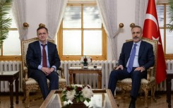 Turkish Foreign Minister Hakan Fidan with Russia's Medinsky at the Dolmabahce Palace in Istanbul
