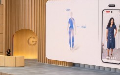 Google advertising and commerce vice president Vidhya Srinivasan shows a new shopping feature that uses artificial intelligence to enable people to virtually try on clothes using their own pictures of themselves