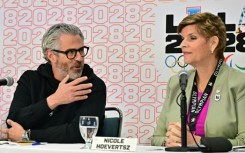 LA28 Chair President Casey Wasserman (L) and IOC Vice President and LA28 Coordination Commission Chair Nicole Hoevertsz say US President Donald Trump's travel ban will not affect the Olympics