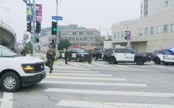Police stand watch in Los Angeles after a weekend marked by protests