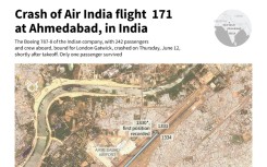 The flight path of the Air India plane which crashed Thursday, using satellite image from Planet Labs PBC