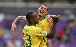 Iqraam Rayners celebrates with Brazilian teammate Arthur Sales after scoring for Mamelodi Sundowns against Ulsan HD at the Club World Cup