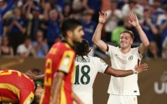 Liam Delap (R) celebrates after scoring his first Chelsea goal in Tuesday's 3-0 win over Esperance at the Club World Cup