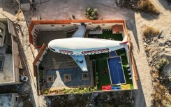 This aerial view shows a guest house built in the shape of an aeroplane in the Palestinian town of Qaffin, in the northwest of the occupied West Bank