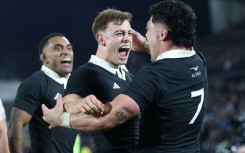 New Zealand's Du'Plessis Kirifi (right) celebrates his try against France with Ruben Love (centre) in Hamilton