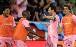 Lionel Messi celebrates with his Inter Miami team-mates after scoring the second of two goals in a thrashing of the New York Red Bulls