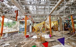 A pagoda damaged by Thai artillery in Oddar Meanchey province, Cambodia