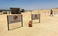 A tourist walks past signs warning people not to disturb the local marine life and wildlife at the beach at the Ras Hankorab