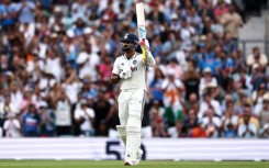 India's Yashasvi Jaiswal celebrates his hundred in the fifth Test against England at the Oval