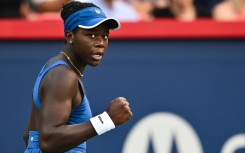 Canadian Victoria Mboko celebrates a point during her upset win over top-seeded American Coco Gauff at the WTA Canadian Open in Montreal