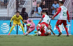 Argentine star Lionel Messi of Inter Miami tumbles to the pitch moments before he is removed with an injury during a Leagues Cup match against visiting Necaxa