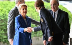 President of the Swiss Confederation Karin Keller-Sutter arrives at the US Department of State where she is scheduled to meet Secretary of State Marco Rubio