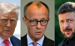 This combination of file photos shows US President Donald Trump at Joint Base Andrews, Maryland on July 15, 2025, German Chancellor Friedrich Merz at the Chancellery in Berlin on June 10, 2025, and Ukrainian President Volodymyr Zelensky during a North Atlantic Treaty Organization (NATO) Heads of State and Government summit in The Hague, on June 24, 2025