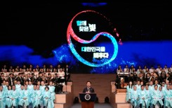 South Korean President Lee Jae Myung speaks during a ceremony in Seoul to celebrate the 80th anniversary of Korea's liberation from Japanese colonial rule