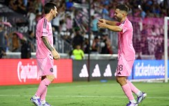 Inter Miami's Lionel Messi, left, celebrates scoring a goal with temmate Jordi Alba, right, in the club's 3-1 MLS home victory over the Los Angeles Galaxy