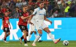 Adrien Rabiot (R) in action for Marseille during their season-opening league defeat at Rennes