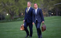 Sergio Gor (right), who has been tapped a the next US ambassador to India, walks with Treasury Secretary Scott Bessent on the White House lawn after a trip with President Donald Trump in April 2025