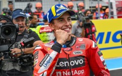 Marc Marquez celebrates his victory after the Sprint race at the Hungarian MotoGP
