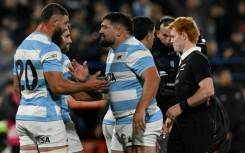 Argentina flanker Marcos Kremer celebrates with teammate Joel Sclavi after a Rugby Championship 2025 victory over New Zealand in Argentina
