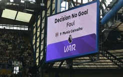 The big screen at Stamford Bridge reveals Fulham's controversial disallowed goal