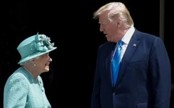 Britain's Queen Elizabeth II (L) speaks with US President Donald Trump during his 2019 UK state visit