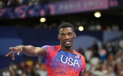 American Fred Kerley celebrates after winning 100m bronze at the 2024 Paris Olympics