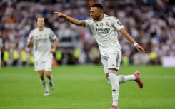 Real Madrid's French forward Kylian Mbappe celebrates after scoring their second goal against Espanyol on Saturday