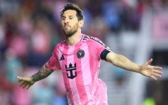Inter Miami's Argentine superstar Lionel Messi celebrates a goal in Inter's 3-2 MLS victory over DC United